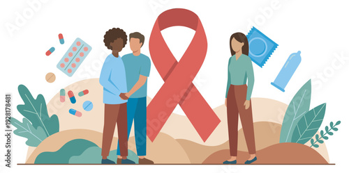 Flat vector illustration for HIV AIDS awareness with a large red ribbon, diverse people, condoms for safe sex, and pills for prevention and treatment in a modern conceptual design