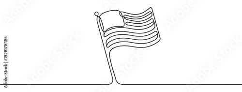 Continuous single line drawing of a national flag with stripes waving on a flagpole, a minimalist black and white illustration symbolizing patriotism, freedom, and independence