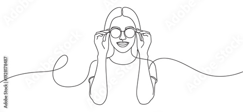 Continuous single line drawing of a happy young woman holding her round eyeglasses, a minimalist black and white illustration with an elegant and modern aesthetic