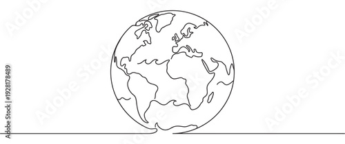 Single continuous line drawing of planet Earth shows a minimalist globe with stylized continents in a simple black and white illustration representing global connection and unity