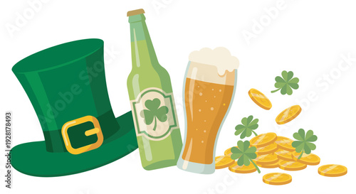 Traditional green leprechaun hat next to a bottle and glass of beer, a pile of gold coins, and lucky four-leaf clovers in a festive Saint Patrick's Day vector illustration
