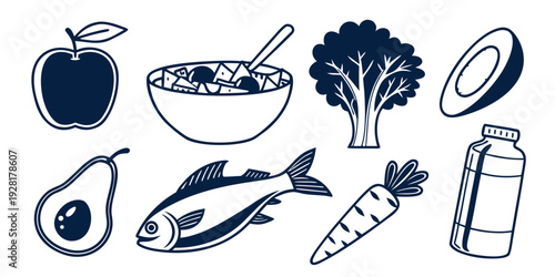 Assorted fruits and vegetables including a fish and a bowl of soup Vector