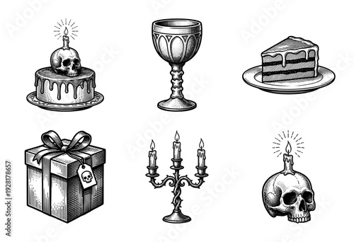 Gothic birthday celebration set featuring skull cake, chalice, layered dessert, gift box, and ornate candelabra in vintage woodcut engraving style.