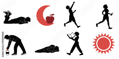A collection of icons representing various yoga poses and a sun symbol Vector