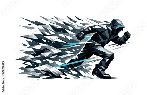 Low-poly vector illustration of a blizzard gust push breakthrough moment, figure planting feet firmly and driving forward against