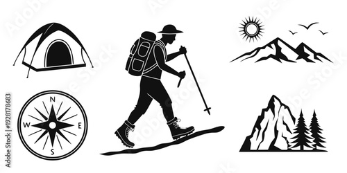 Outdoor activities including hiking, camping, and skiing in a mountainous landscape. Vector