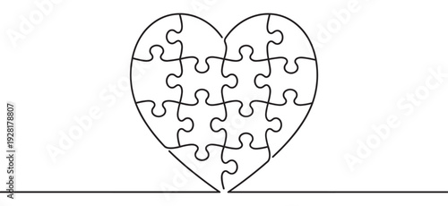 Heart-shaped jigsaw puzzle with interlocking pieces drawn in a simple, minimalist black line art style, representing concepts of love, unity, and finding a solution