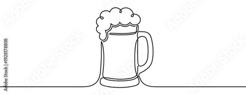 Beer mug with a foamy head drawn in a single continuous black line art style, a minimalist and modern vector illustration for a pub or brewery concept