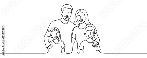 One line drawing of a happy family with two children, a mother, father, son, and daughter, smiling together in a minimalist black and white contour art style