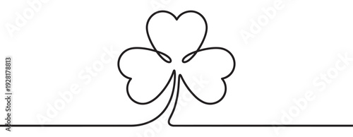 Black continuous one line drawing of a shamrock with three heart-shaped leaves, a simple and elegant minimalist symbol of luck for the Saint Patrick's Day holiday
