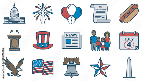 Collection of American Independence Day icons in a colorful line art style, featuring patriotic symbols like the flag, fireworks, capitol building, liberty bell, and eagle for the fourth of July