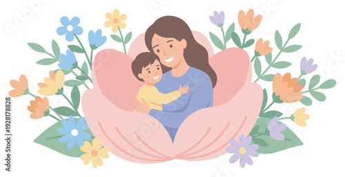 Caring mother and her happy young son share a warm hug inside a large pink blossom, framed by colorful pastel flowers in a gentle, flat illustration style