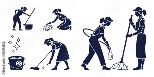 A series of illustrations depicting various cleaning activities and tools. Vector