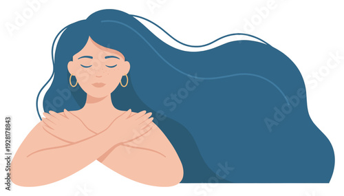 Serene young woman with long flowing blue hair and closed eyes gently hugs herself in a flat vector illustration representing self-love, acceptance, and mental wellness
