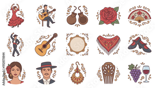 Beautiful set of hand-drawn Spanish culture illustrations featuring flamenco dancers, a guitarist, castanets, a fan, a rose, and other traditional symbols