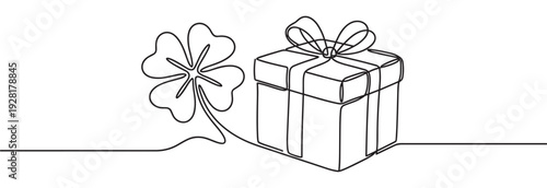 Four-leaf clover and a gift box drawn in a continuous single line art style, a minimalist black and white illustration symbolizing good luck, fortune, and celebration