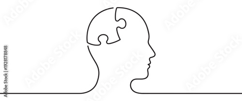 Continuous line drawing of a human head profile with a jigsaw puzzle piece, a minimalist concept illustration for psychology, mental health, and problem-solving