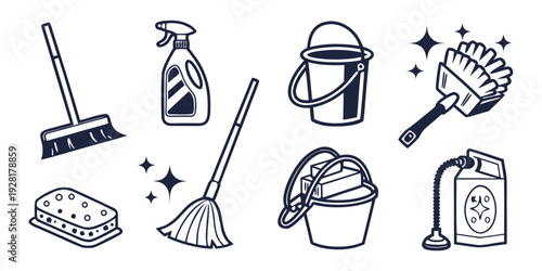 A collection of cleaning tools and supplies for maintaining a tidy home. Vector