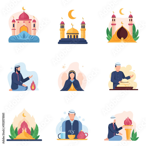 Collection of Islamic cultural elements and religious symbols representing traditions and devotion