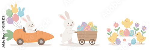 Set of cute Easter illustrations featuring a bunny in a carrot car with balloons, a rabbit pushing a cart of decorated eggs, and chicks among flowers for a spring holiday