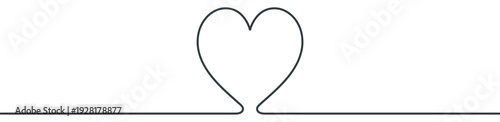 Continuous single black line drawing of a heart symbol representing love and romance in a minimalist, clean, and elegant graphic design style for Valentine's Day