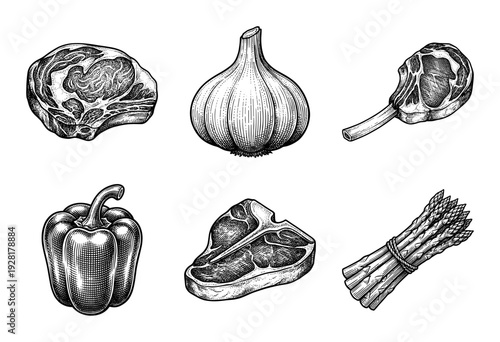 Vintage engraving style collection of fresh meat cuts and vegetables including ribeye t-bone steak garlic bell pepper and asparagus