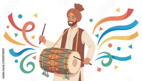 Smiling man in traditional attire and a turban joyfully plays a decorated dhol drum with sticks amidst a festive swirl of colorful confetti