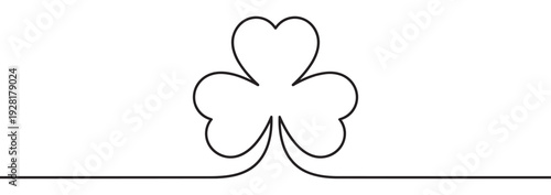 Black continuous line drawing of a shamrock with three heart-shaped leaves, a minimalist and elegant graphic illustration for St. Patrick's Day or good luck concepts