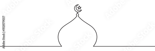 Minimalist black continuous line drawing of a mosque dome with a crescent moon and star symbol, representing Islamic faith and architecture in a simple, elegant panoramic design