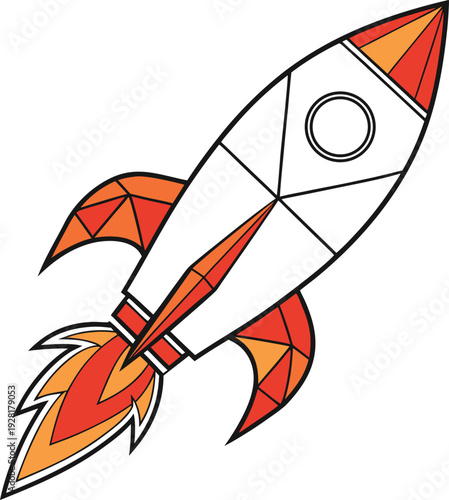   
Rocket ship vector with pointed nose, circular window, red fins, and fiery propulsion symbolizing space exploration