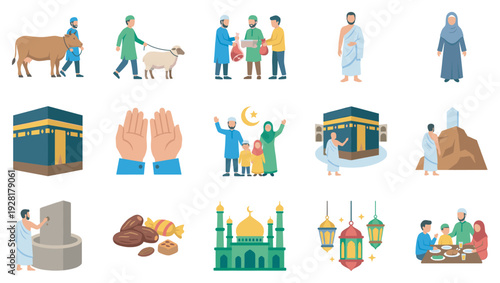 Set of flat Islamic icons showing Hajj pilgrimage rituals, Eid al-Adha animal sacrifice, family celebration, prayer, and religious symbols like the Kaaba and mosque