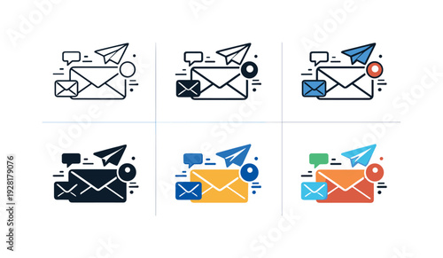 Email communication icon showing stylized envelopes, paper planes, notification symbols, and digital messaging elements