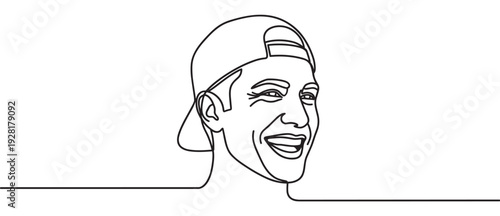 Continuous one line drawing of a smiling young man wearing a backwards baseball cap in a minimalist graphic style, illustrating a happy and cheerful facial expression