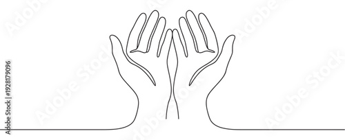 Continuous one line drawing of praying hands held open in a gesture of supplication, hope, and faith, a minimalist black outline illustration symbolizing spirituality and support