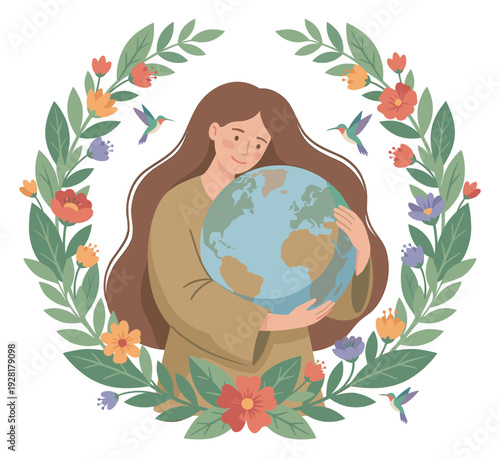 Gentle caring woman with long hair lovingly embraces planet Earth, framed by a beautiful floral wreath with hummingbirds in a flat vector illustration style