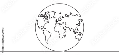 Continuous single line drawing of the Earth globe showing a world map in a minimalist black and white artistic style, representing global connection and simplicity
