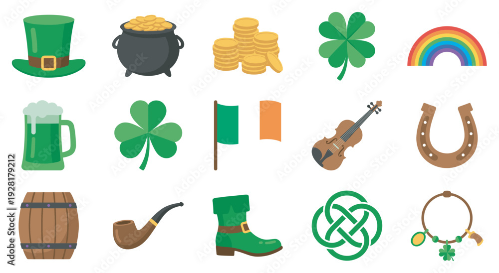 Fototapeta premium Collection of colorful St. Patrick's Day flat icons including a leprechaun hat, pot of gold, shamrock, lucky horseshoe, rainbow, and green beer for festive holiday celebration
