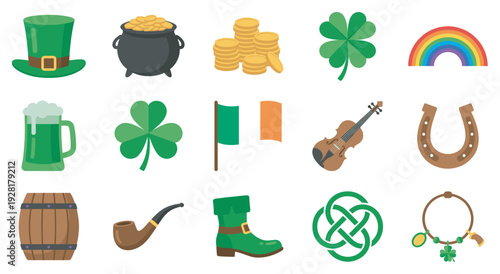 Collection of colorful St. Patrick's Day flat icons including a leprechaun hat, pot of gold, shamrock, lucky horseshoe, rainbow, and green beer for festive holiday celebration