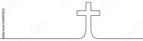 Single continuous black line drawing of a Christian cross symbol with a flared base, representing faith and spirituality in a minimalist, modern, and clean graphic design