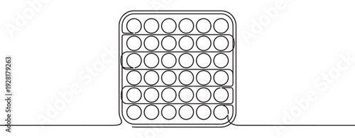 Square pop it fidget toy drawn in a continuous single line art style for sensory play and stress relief, featuring a minimalist black outline illustration of a bubble popper design