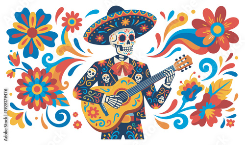 Vibrant festive skeleton musician wearing a sombrero and mariachi suit plays a guitar, surrounded by colorful traditional floral and swirl patterns in a cheerful illustration style