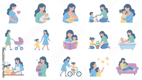 Comprehensive collection of flat design illustrations showcasing the diverse journey of motherhood, depicting various stages of parenting, child care, and heartwarming family bonding