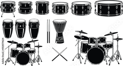 Percussion instruments drum kit collection vector illustration snare conga djembe cymbals sticks monochrome music equipment set isolated