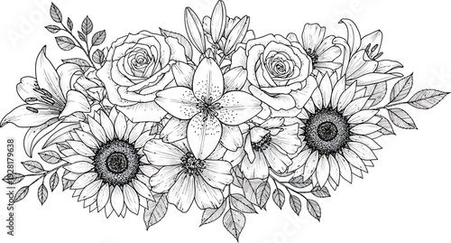 Black and White Floral Bouquet with Sunflowers and Roses