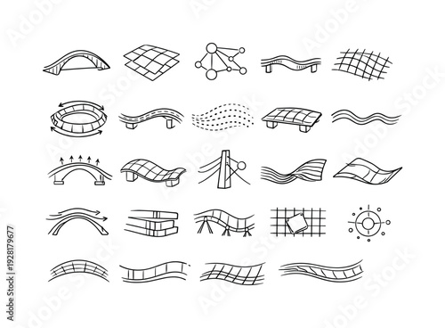 Line style icons of climate-responsive bridge form: flexible contour arc, wind deformation tile, load cue node, oscillation band