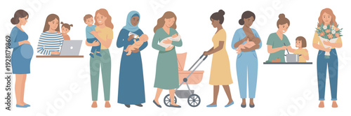 Diverse mothers and children are depicted in various stages of motherhood, illustrating different aspects of family life, care, and daily activities in a flat vector style