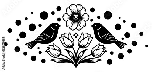 Symmetrical bird composition with tulips and floral elements in traditional Slavic folk style