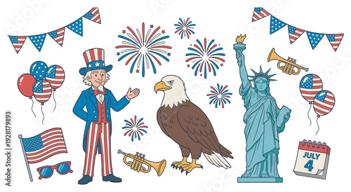 Cheerful cartoon illustration of American icons, including Uncle Sam, a bald eagle, the Statue of Liberty, fireworks, and patriotic decorations, rendered in a festive, celebratory style