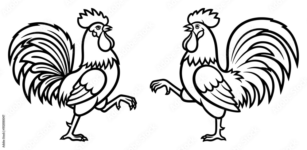 Naklejka premium Two stylized line art roosters with elegant flowing tail feathers for farm themes