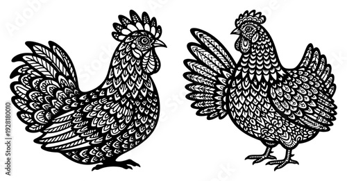 Detailed folk art rooster and hen illustration with intricate patterns